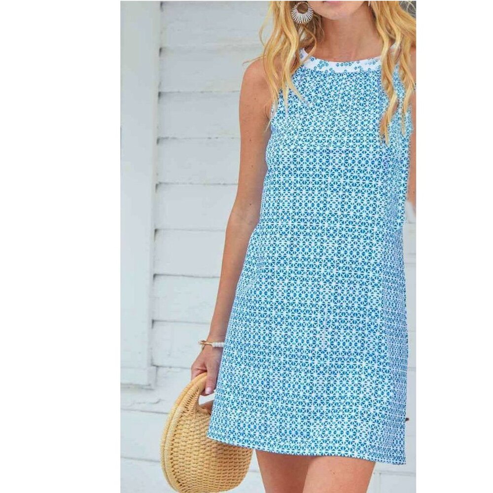 Cabana Life Women's Sleeveless Halter Tank Shift Dress Blue and white